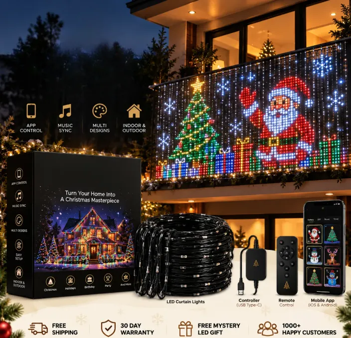 Smart Christmas curtain lights featuring app control and music synchronization; suitable for DIY curtain-style hanging decorations.