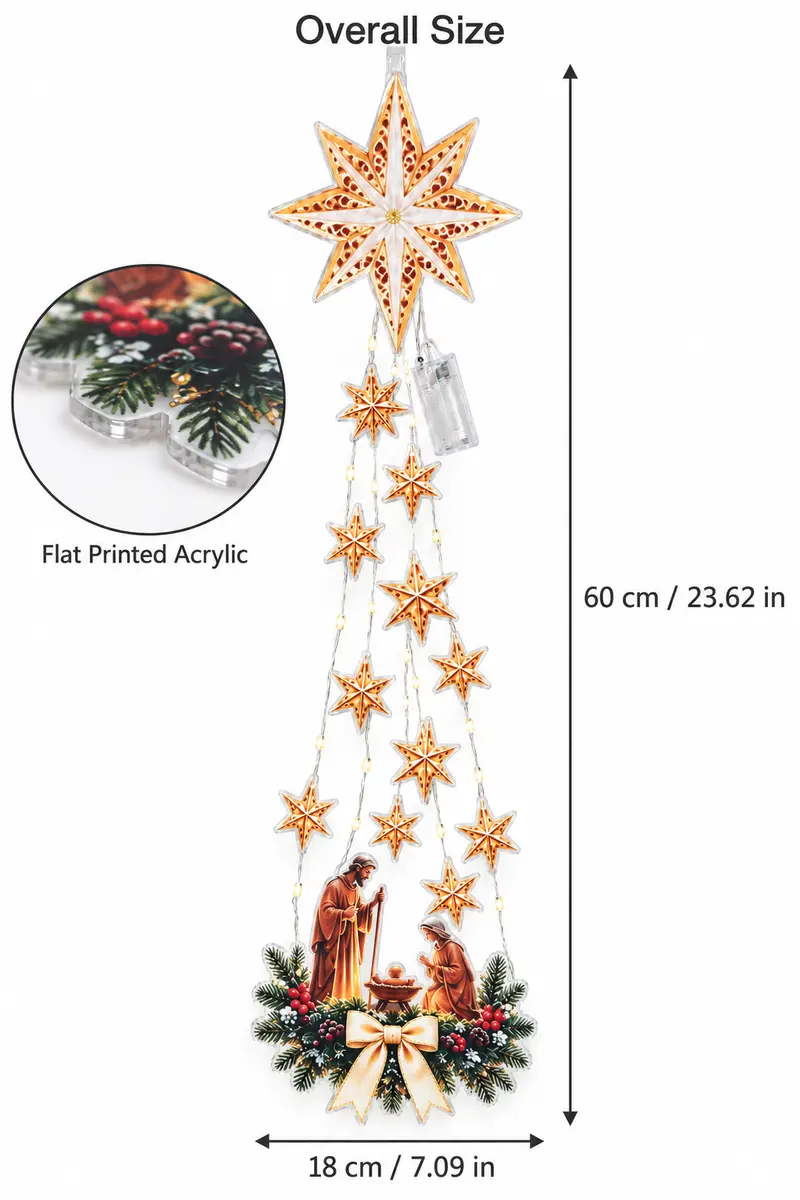Christmas Nativity Star Light Wall Decor, Bethlehem Star Hanging String Lights with Holy Family Scene, Warm Glow Christian Holiday Home Decoration