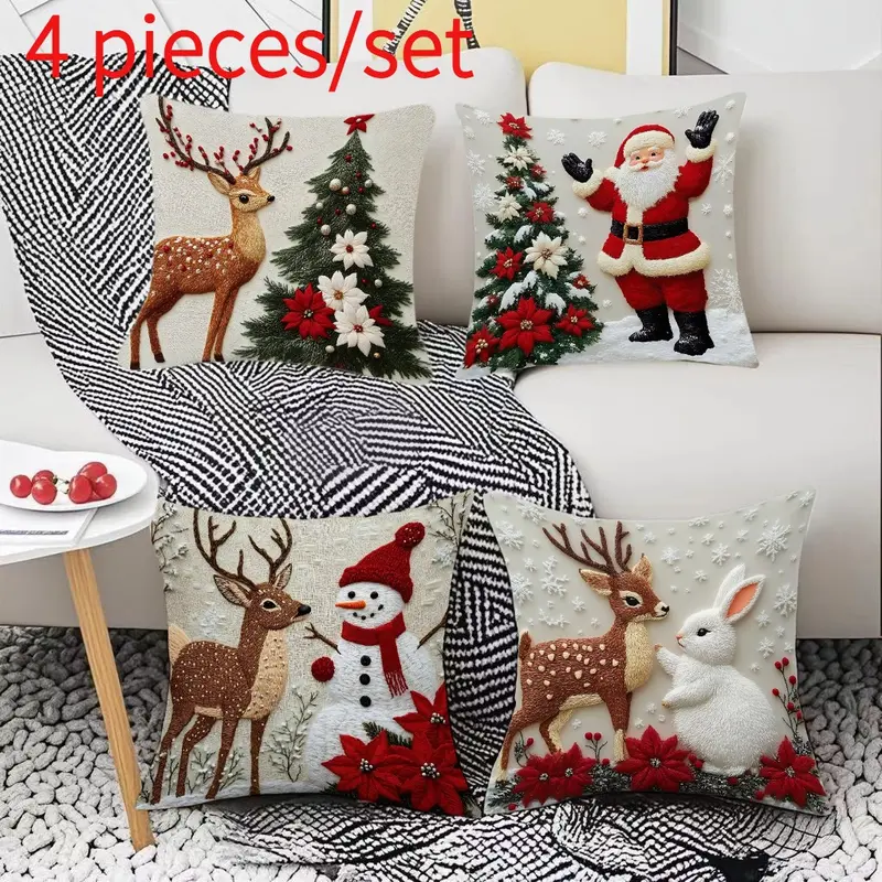 Unisex Super Soft Square Short Plush Christmas Throw Pillow Set (4 Pcs) - Santa+Bunny Mix, Reindeer Designs - Yule Aesthetic Home Goods, House Decor, Living Room Decor, Festive Party Supplies