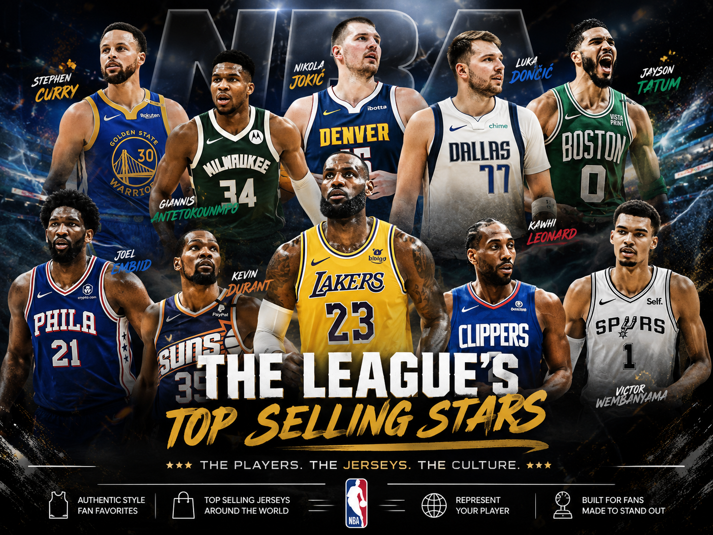 NBA stars collection featuring LeBron Curry Durant Jokic Doncic authentic jerseys FanWearStyle