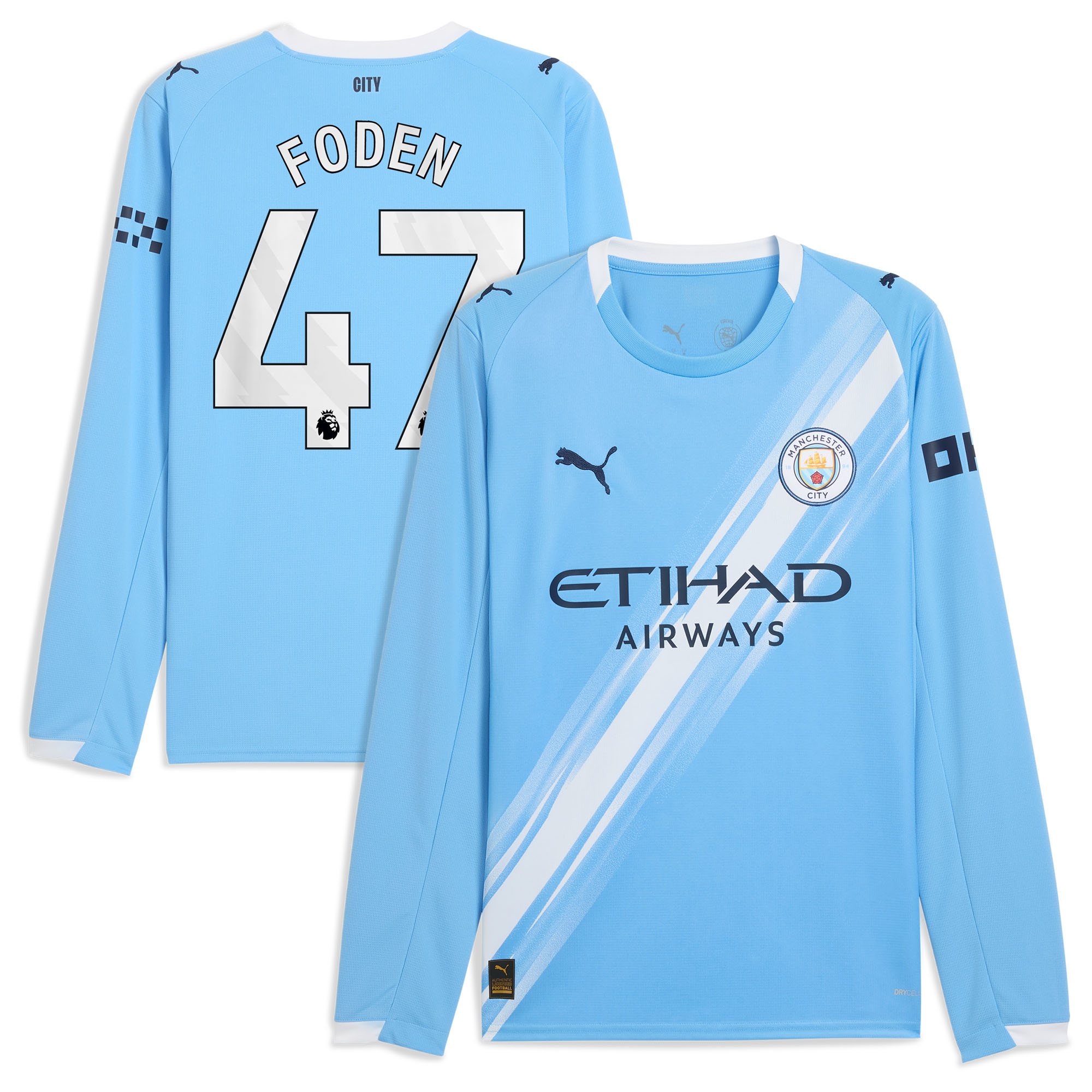 Youth Phil Foden #47 Manchester City 2025/26 Home Replica Long Sleeve Player Jersey - Sky Blue | FanWearStyle
