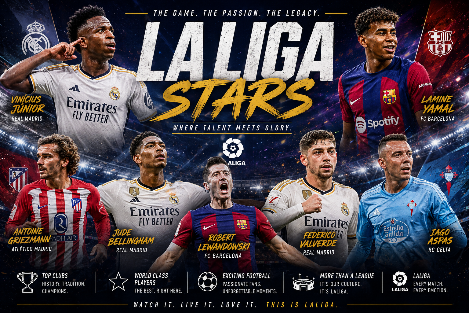 La Liga stars collection featuring Bellingham Vinicius Yamal Lewandowski club jerseys FanWearStyle