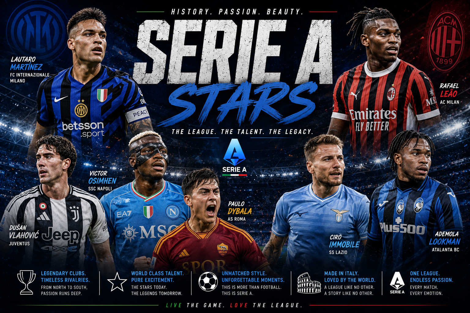 Serie A stars collection featuring Vlahovic Lautaro Martinez Kvaratskhelia club jerseys FanWearStyle