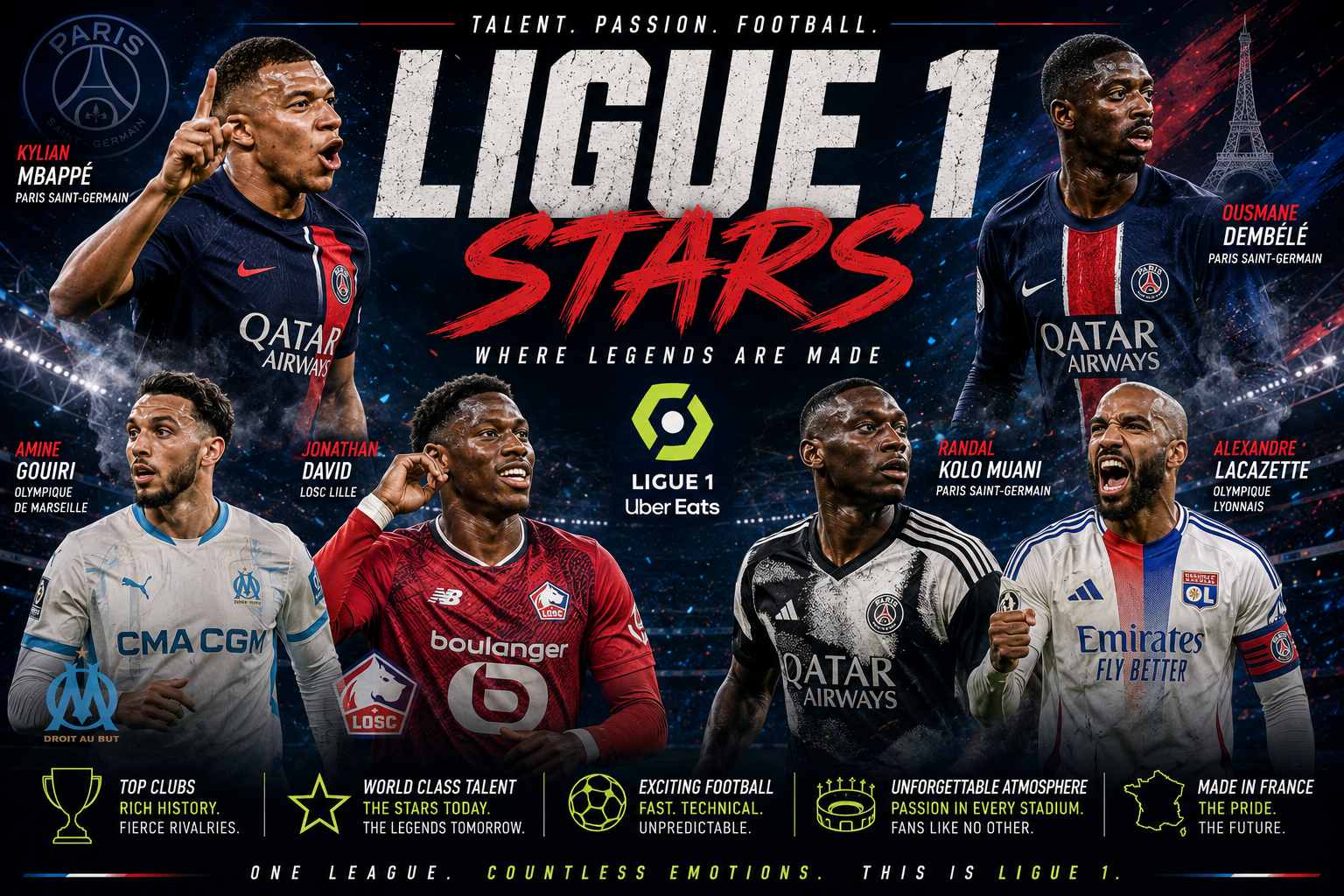 Ligue 1 stars collection featuring Dembele Vitinha Asensio Mbappe PSG club jerseys FanWearStyle