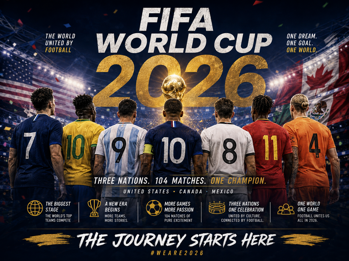 FIFA World Cup 2026 stars collection featuring Messi Ronaldo Mbappe Vinicius national team jerseys FanWearStyle