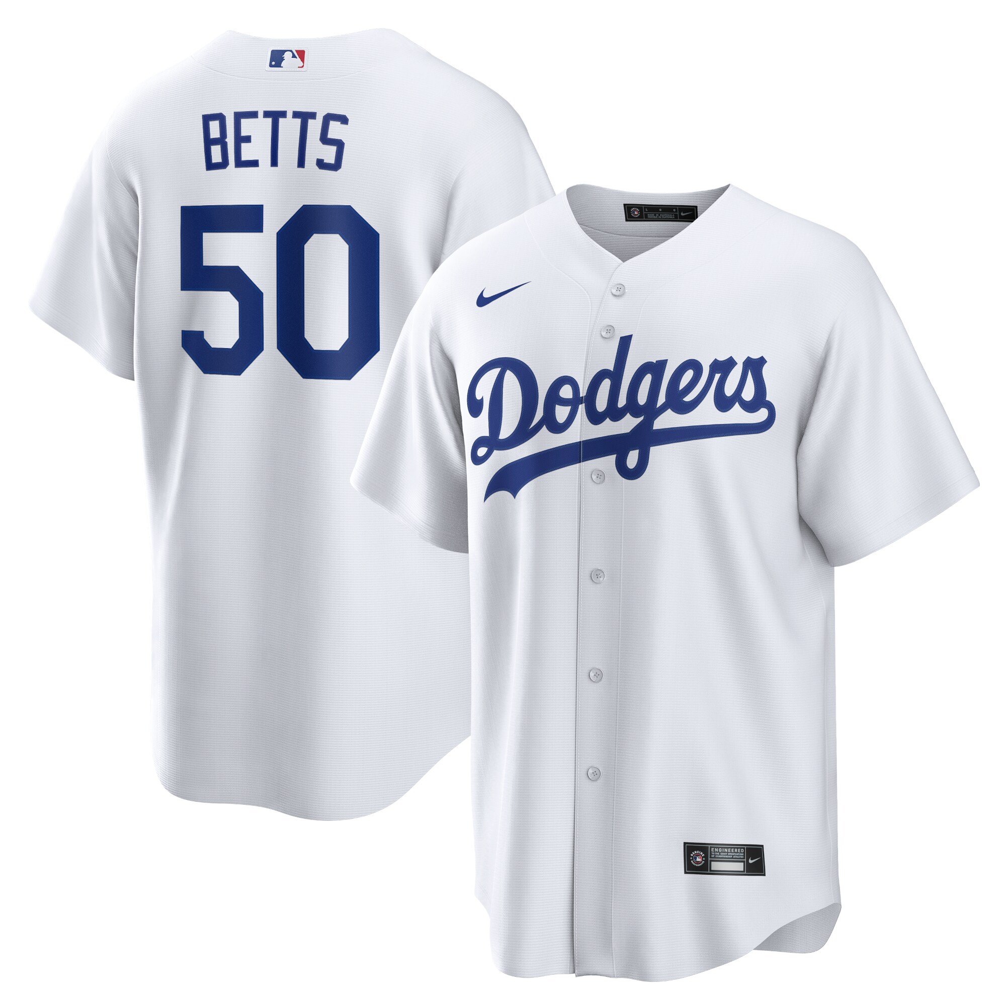 Mookie Betts #50 Los Angeles Dodgers Home Replica Player Name Jersey - White - angle 3