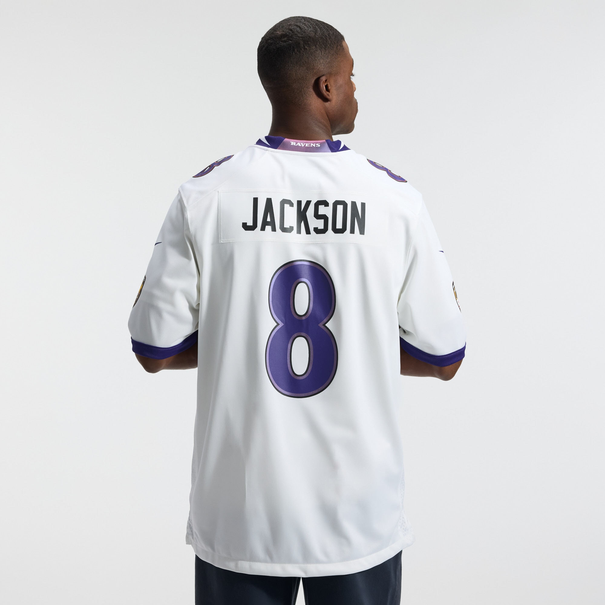 Lamar Jackson #8 Baltimore Ravens Game Jersey - White - angle 5