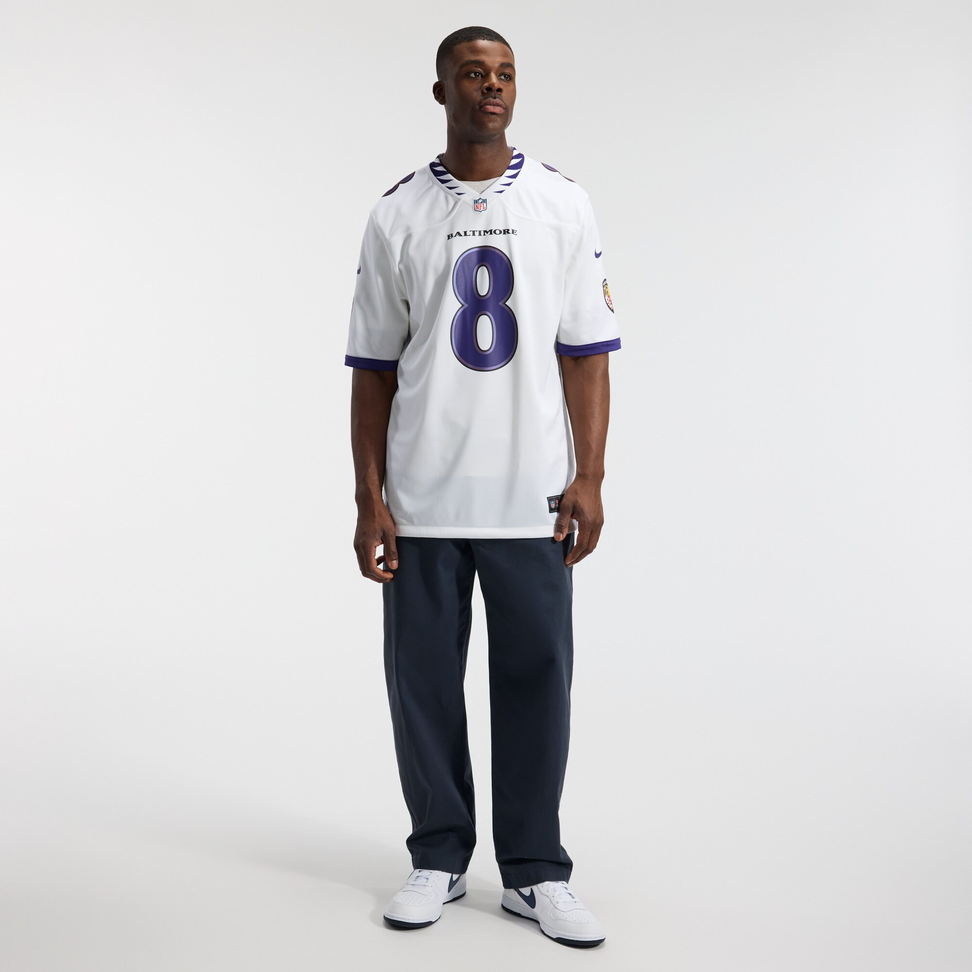 Lamar Jackson #8 Baltimore Ravens Game Jersey - White - angle 6