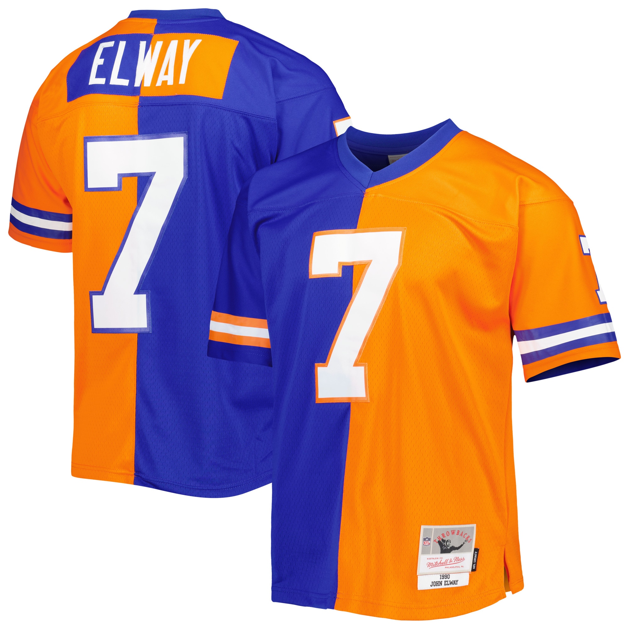 Youth John Elway Denver Broncos 1990 Split Legacy Replica Jersey - Royal/Orange | FanWearStyle