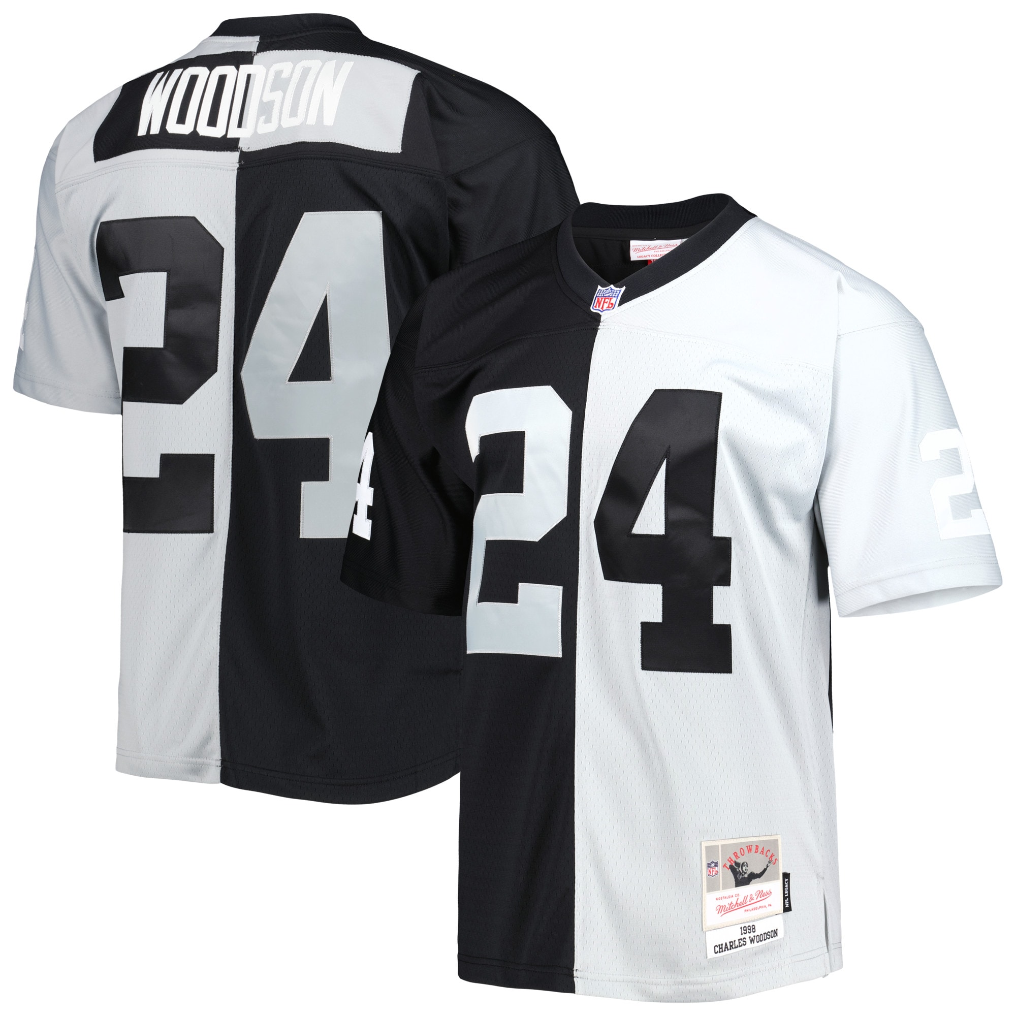 Youth Charles Woodson Las Vegas Raiders 1998 Split Legacy Replica Jersey - Black/Silver | FanWearStyle