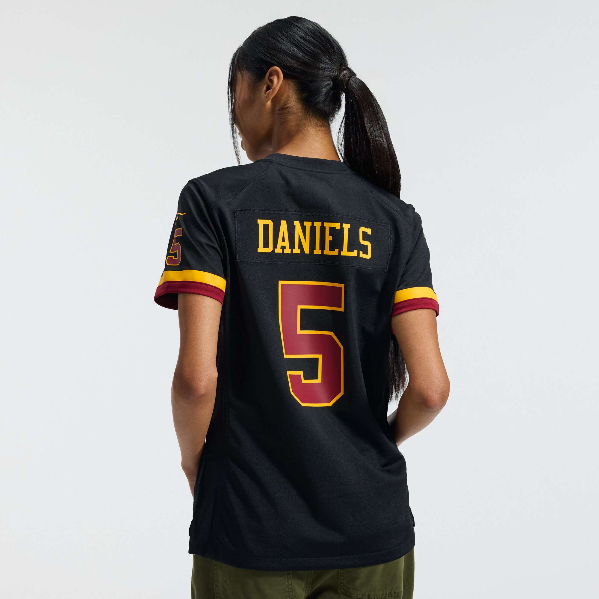Jayden Daniels Washington Commanders Women's Hail Raiser Alternate Game Jersey - Black - angle 5
