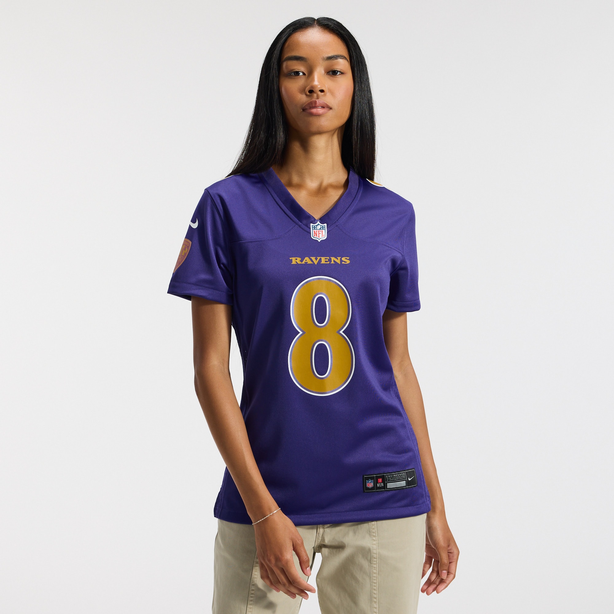 Lamar Jackson #8 Baltimore Ravens Women's Alternate Game Jersey - Purple - angle 4