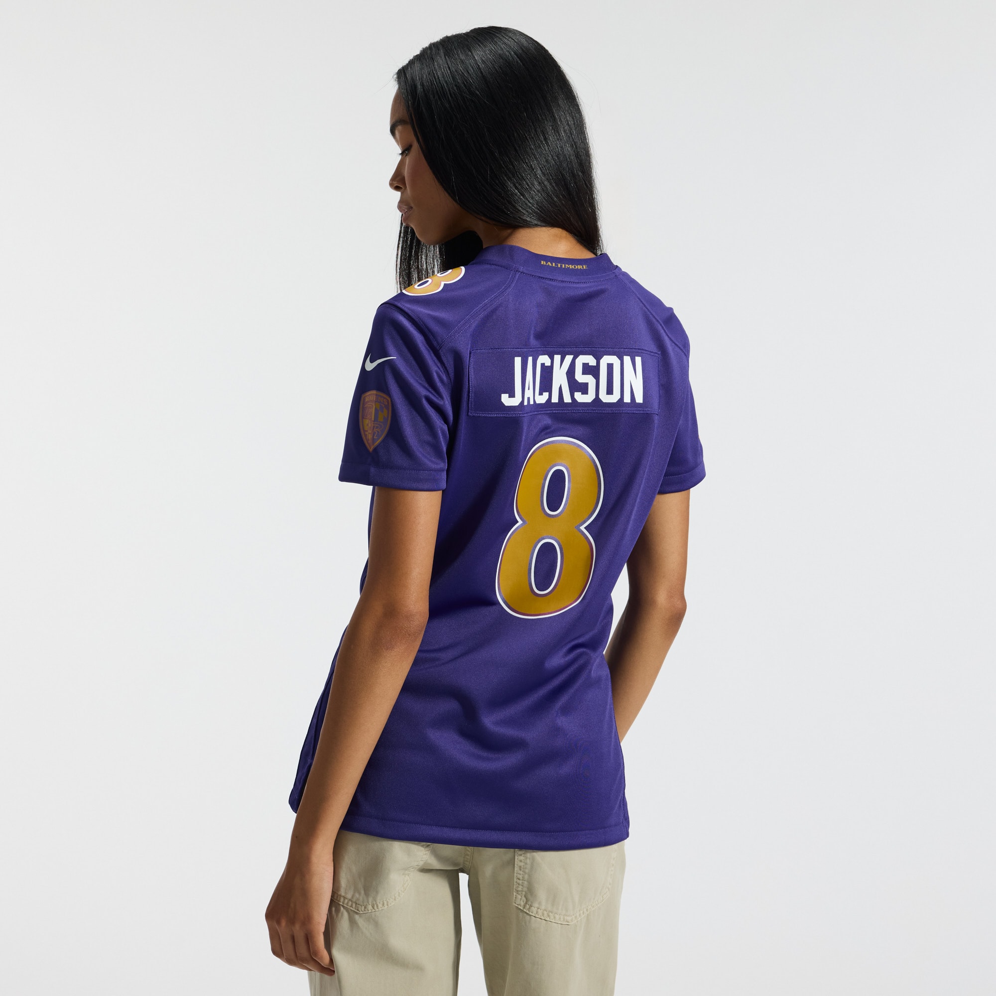 Lamar Jackson #8 Baltimore Ravens Women's Alternate Game Jersey - Purple - angle 5