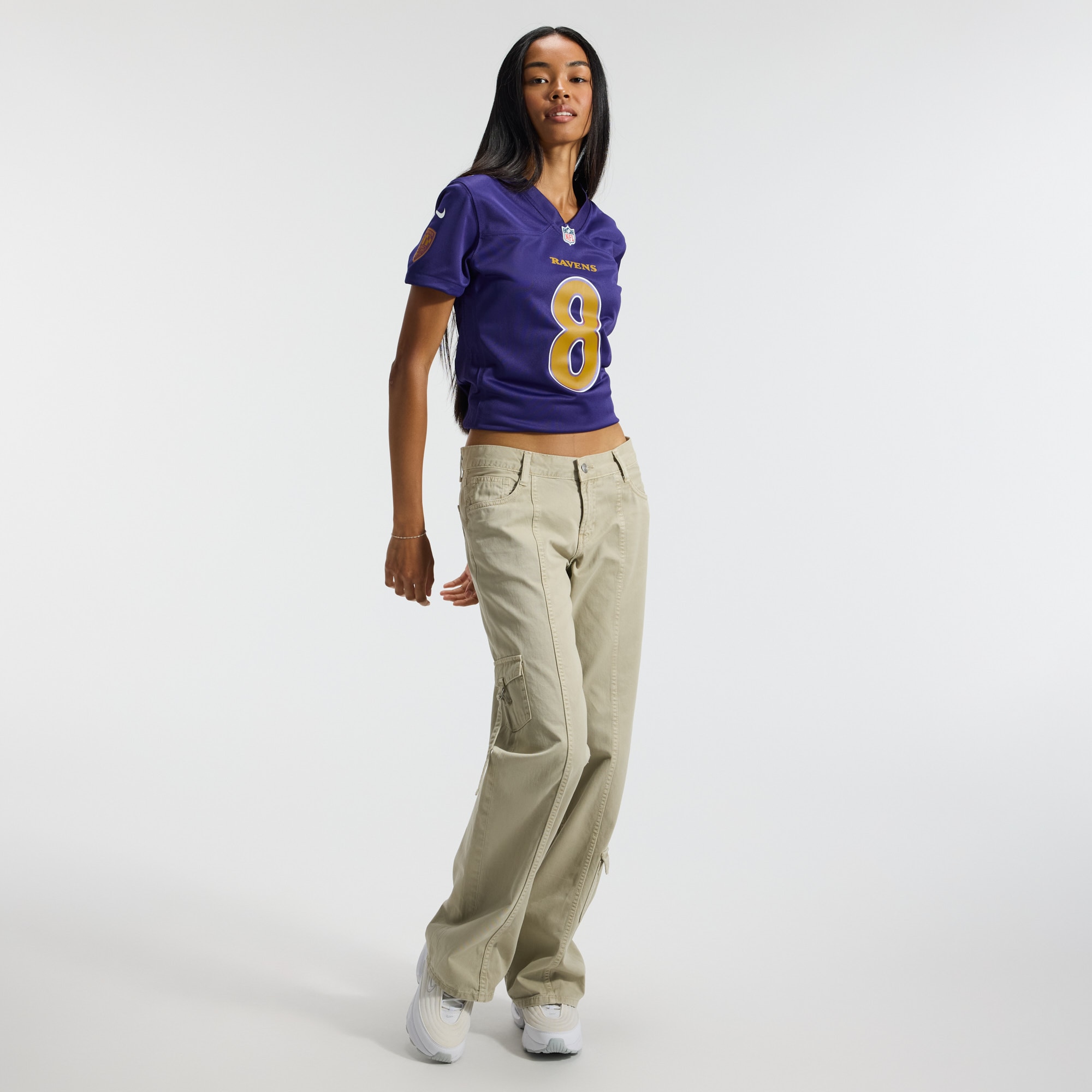 Lamar Jackson #8 Baltimore Ravens Women's Alternate Game Jersey - Purple - angle 6