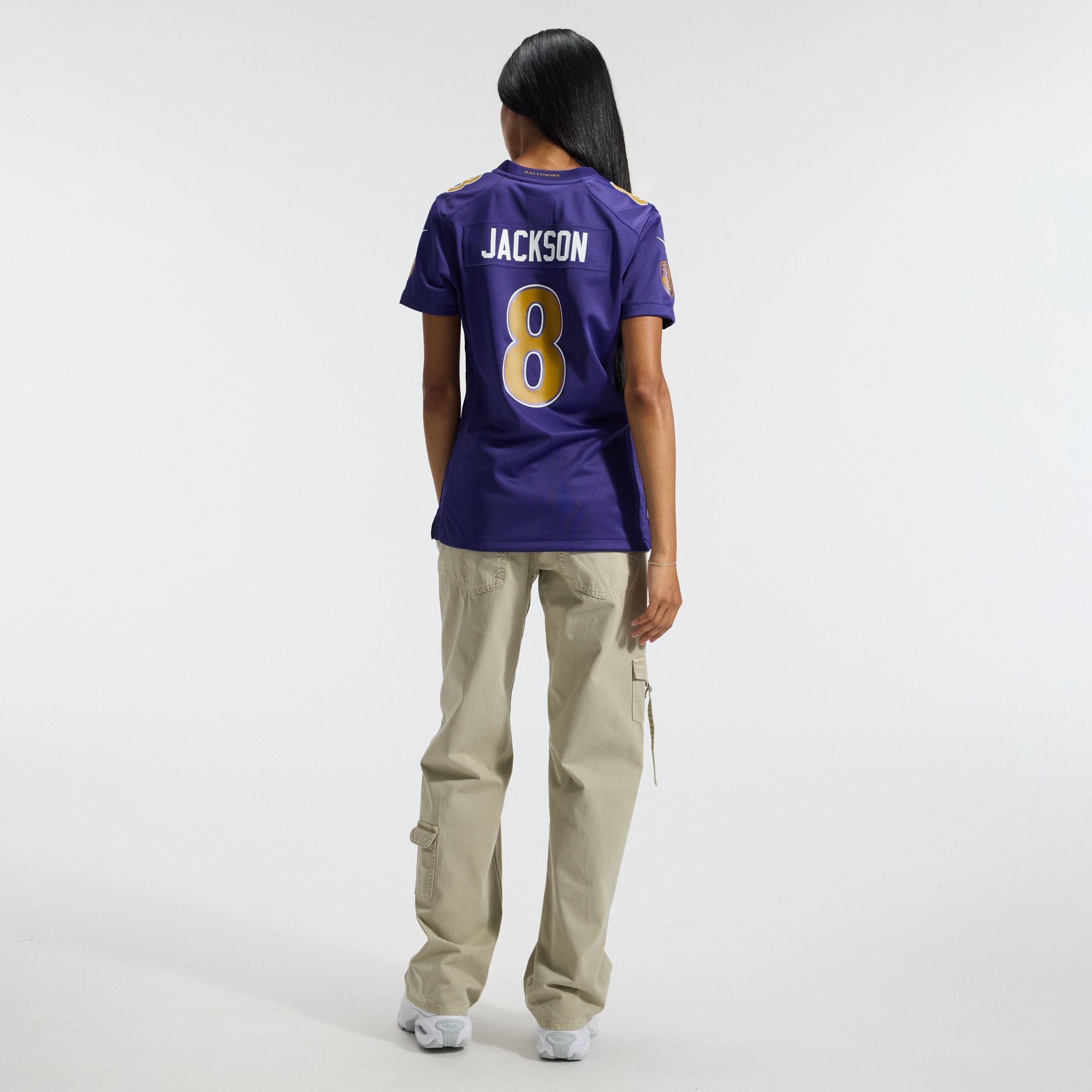Lamar Jackson #8 Baltimore Ravens Women's Alternate Game Jersey - Purple - angle 7