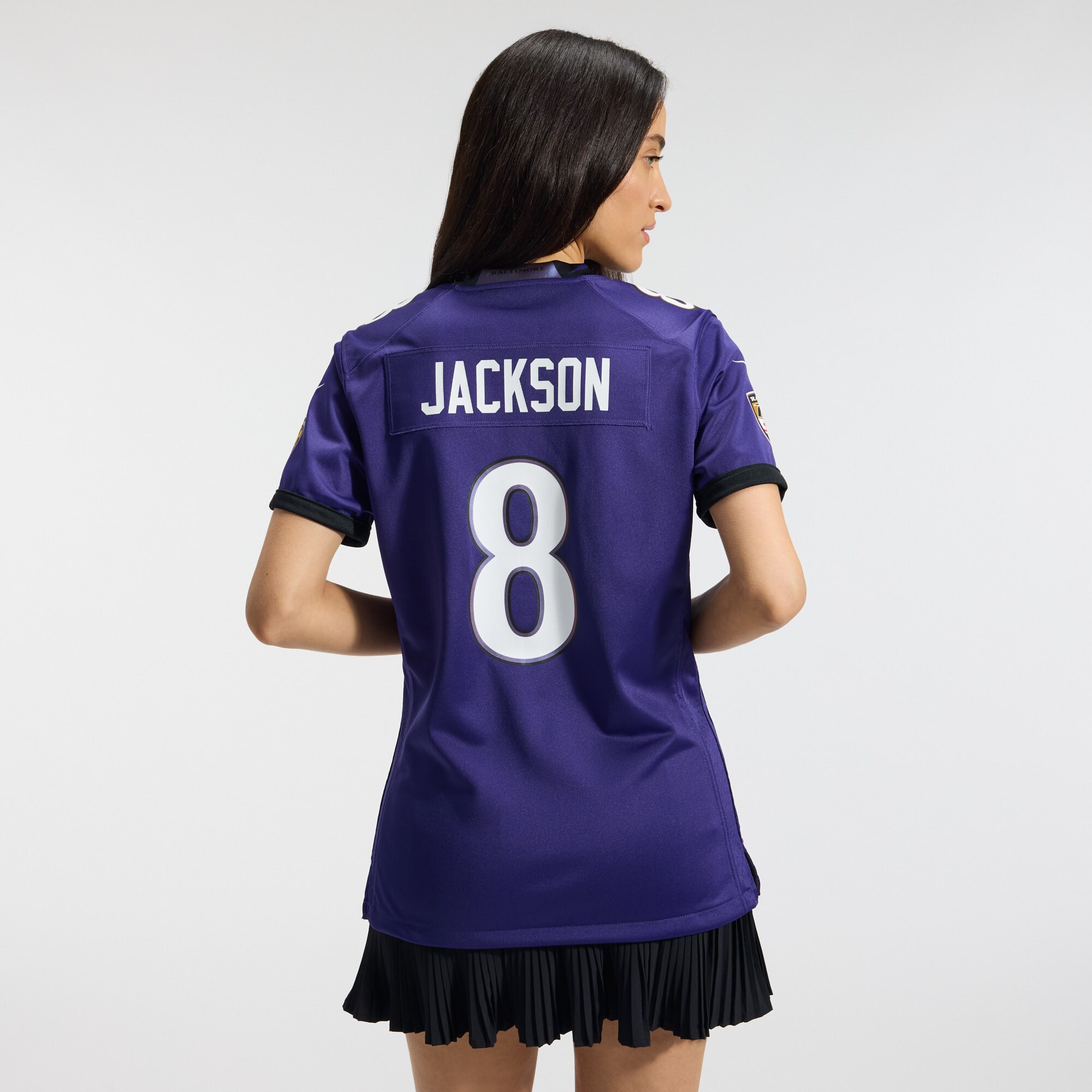 Lamar Jackson #8 Baltimore Ravens Women's Team Game Jersey - Purple - angle 5
