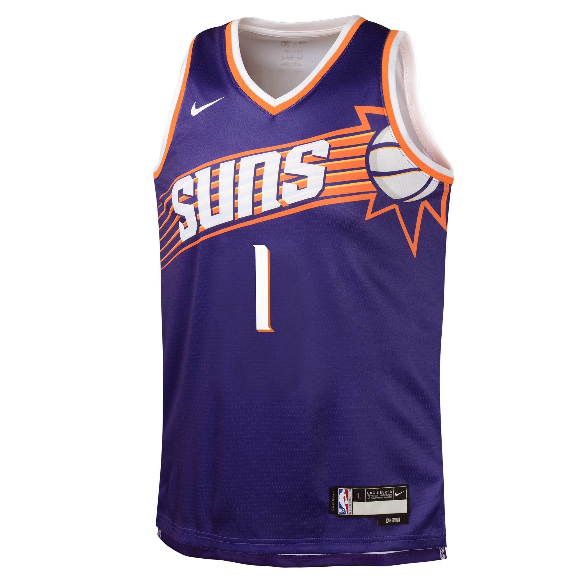 Devin Booker #1 Phoenix Suns Youth Swingman Jersey - Icon Edition - Purple - angle 4