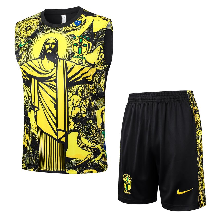 Men's Brazil Sleeveless Top Shorts 24/25 Yellow Pattern-League Wear Hub