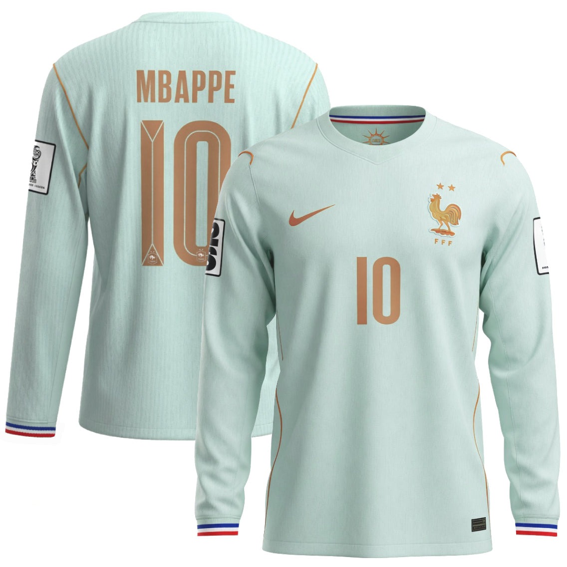 Men's France Mbappe Long Sleeve Away Shirt Green World Cup 2026 Badges-League Wear Hub