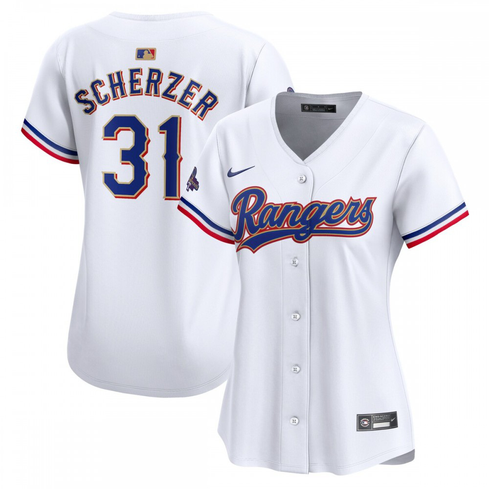 Max Scherzer Texas Rangers Nike Women's 2024 Gold Collection Limited Player Jersey – White-League Wear Hub