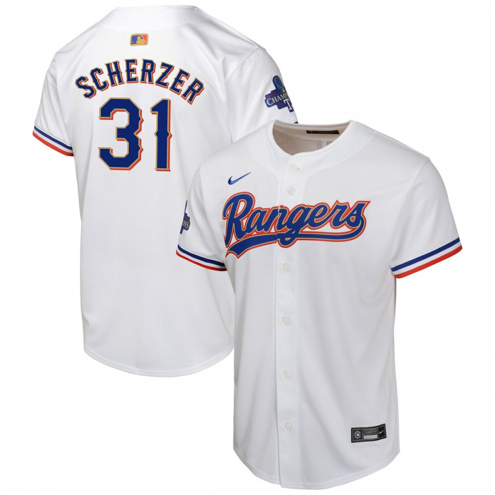 Max Scherzer Texas Rangers Nike Youth 2024 Gold Collection Limited Player Jersey – White-League Wear Hub