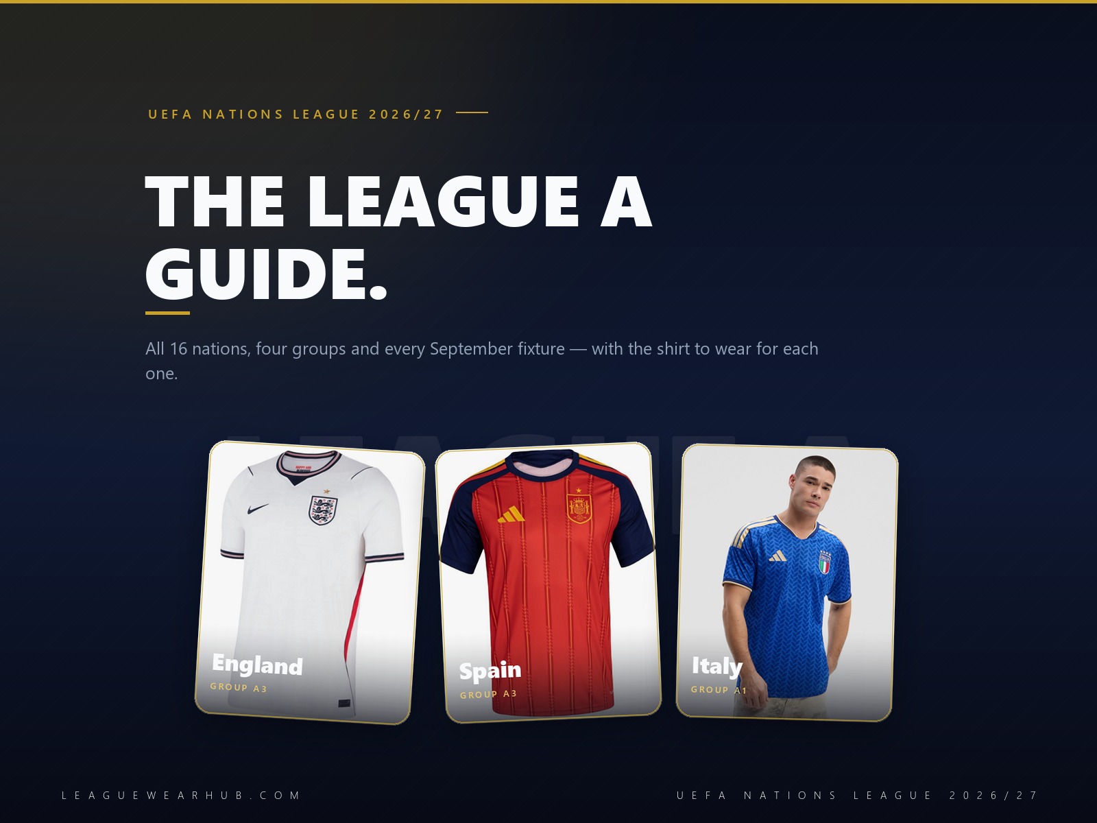 UEFA Nations League 2026/27 League A guide featuring England, Spain and Italy national team jerseys