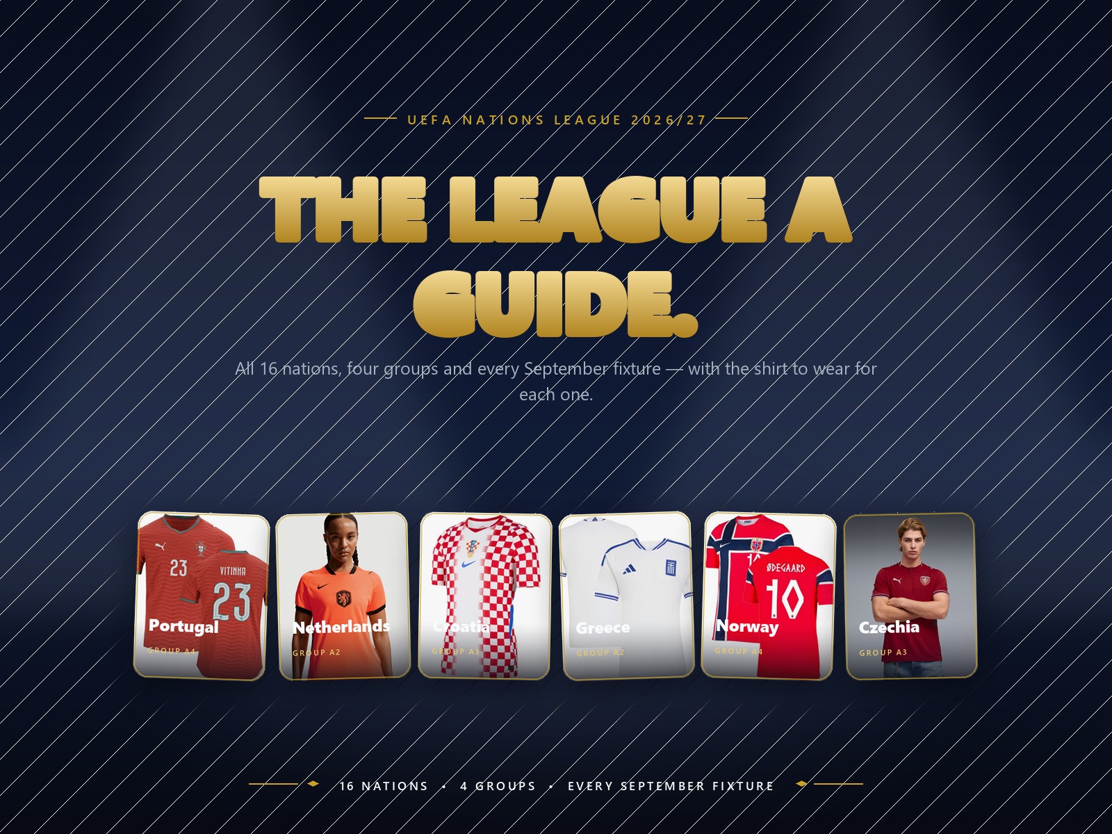UEFA Nations League 2026/27 League A guide featuring Portugal, Netherlands, Croatia, Greece, Norway and Czechia jerseys
