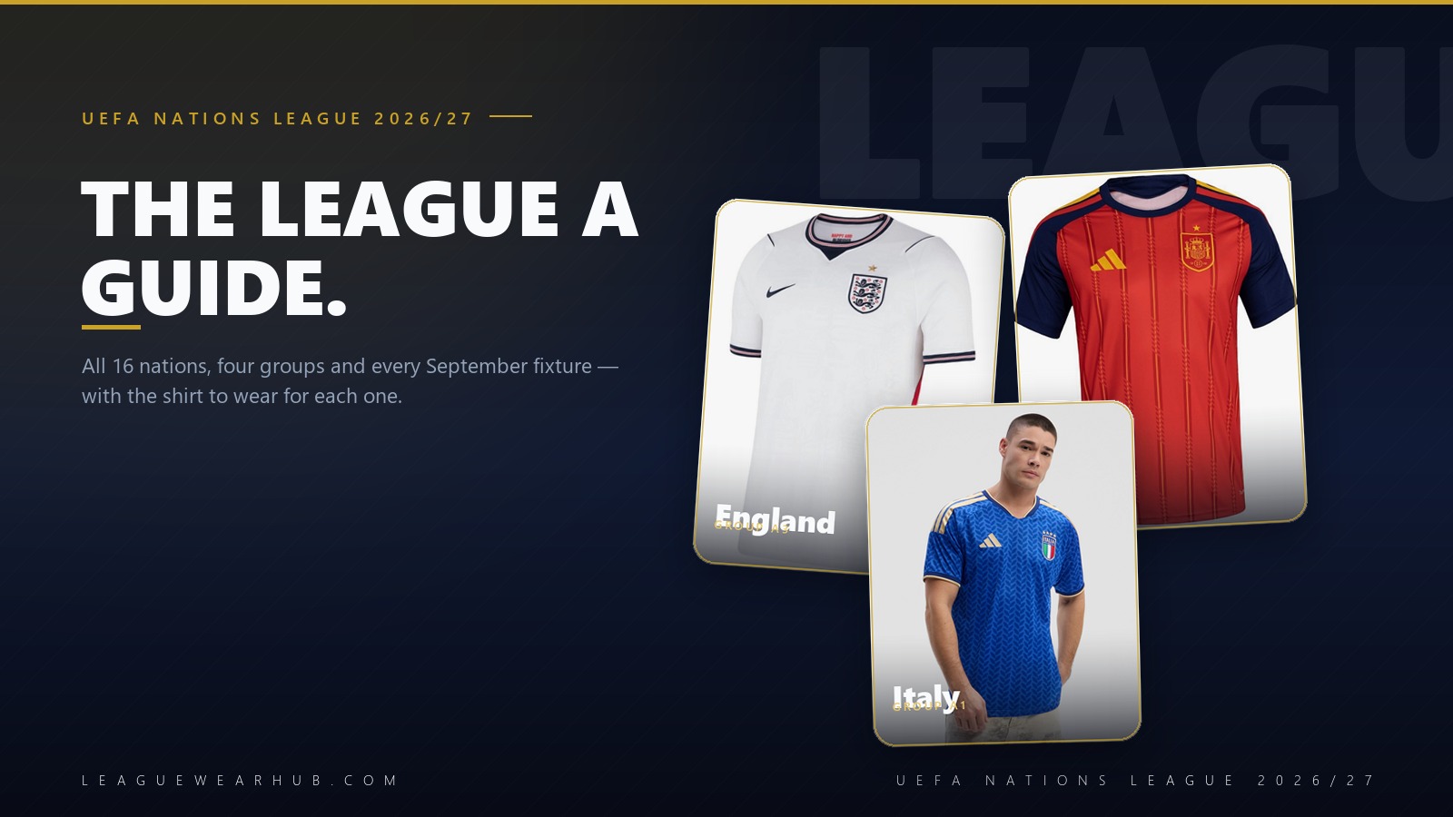 UEFA Nations League 2026/27 League A guide featuring England, Spain and Italy national team jerseys