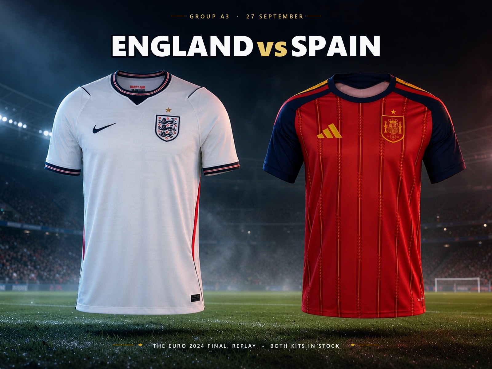 England and Spain national team jerseys facing off in a night stadium - UEFA Nations League Group A3 rematch