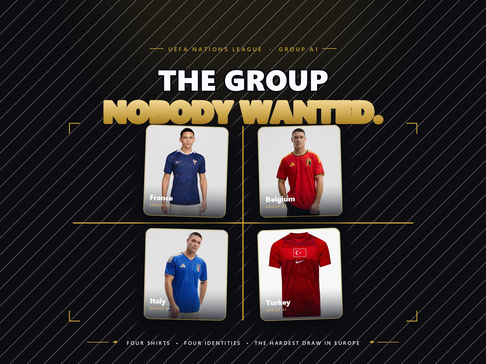 France, Belgium, Italy and Turkey national team jerseys in UEFA Nations League Group A1