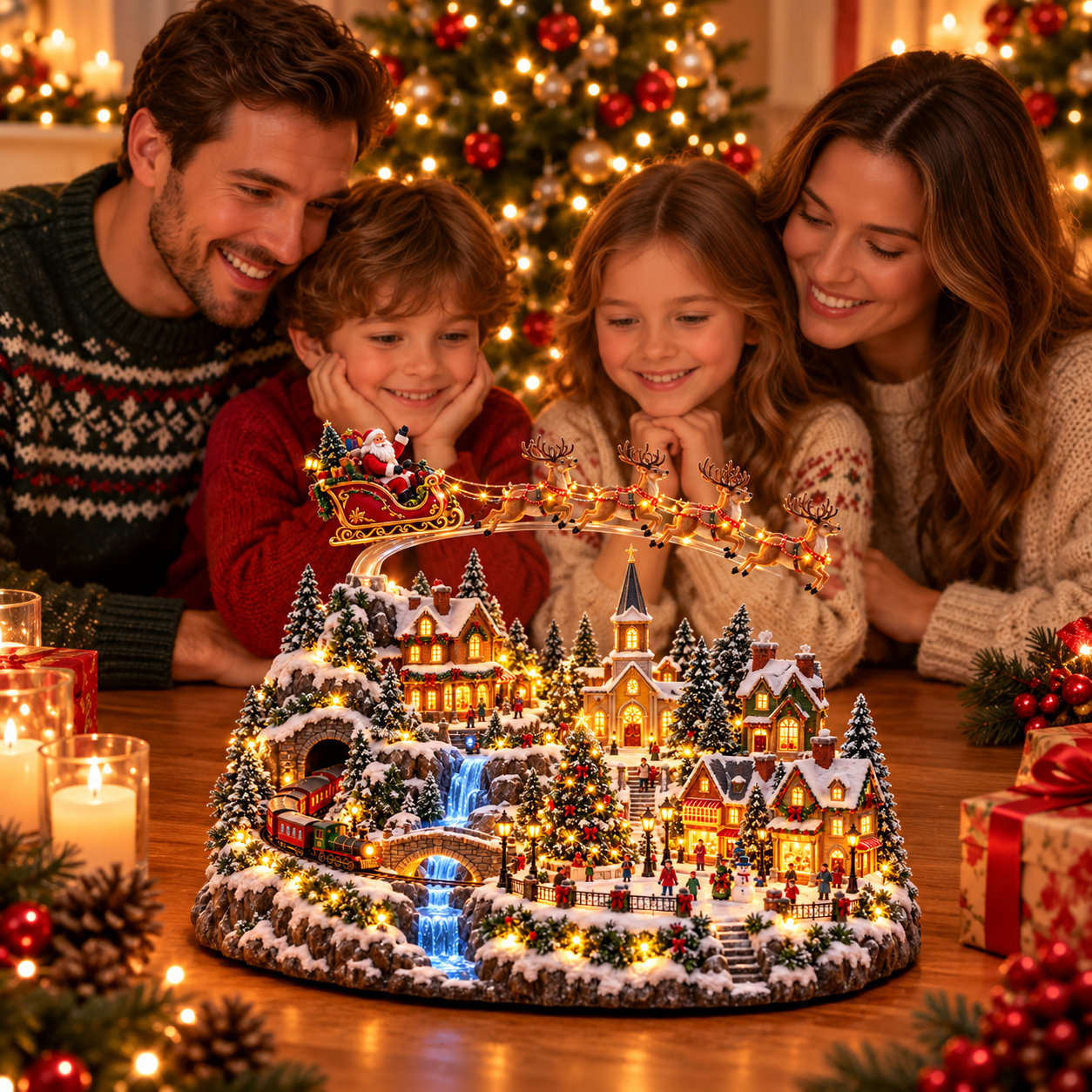 Santa's Flying Reindeer Village scene with bridge, waterfall and snowy houses