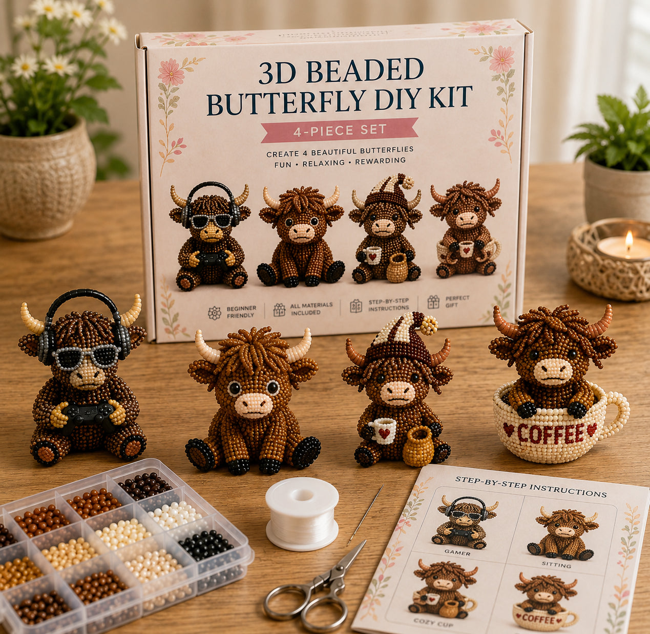 3D Highland Cow DIY Bead Kit, 8 Adorable Handmade Cow Designs Craft Set, Beginner-Friendly Beaded Miniature Ornament, Aesthetic Room Decor & Creative Gift