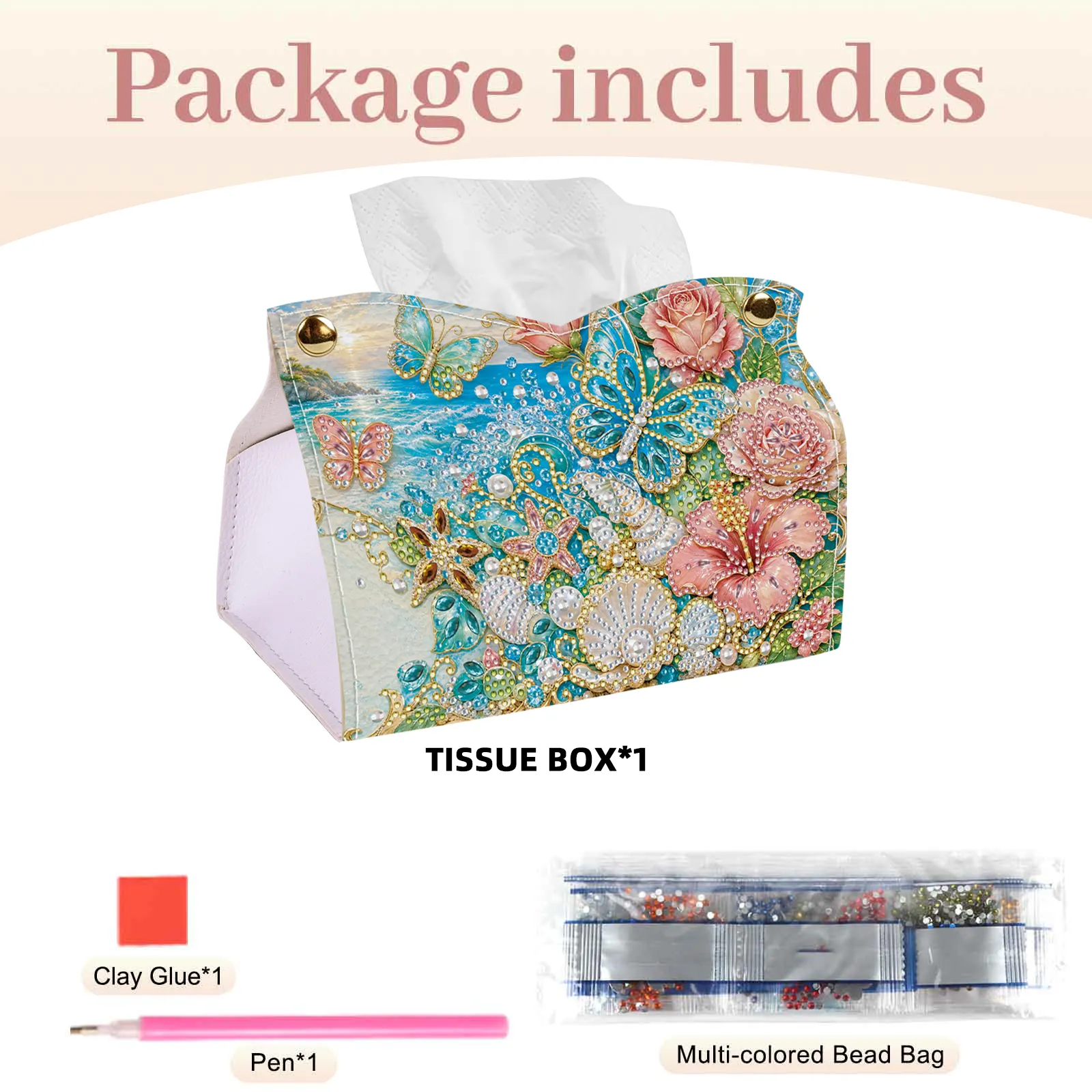 24cm DIY Diamond Painting Tissue Box, Crystal Rhinestone Mosaic PU Tissue Holder for Home Car Desk Decor