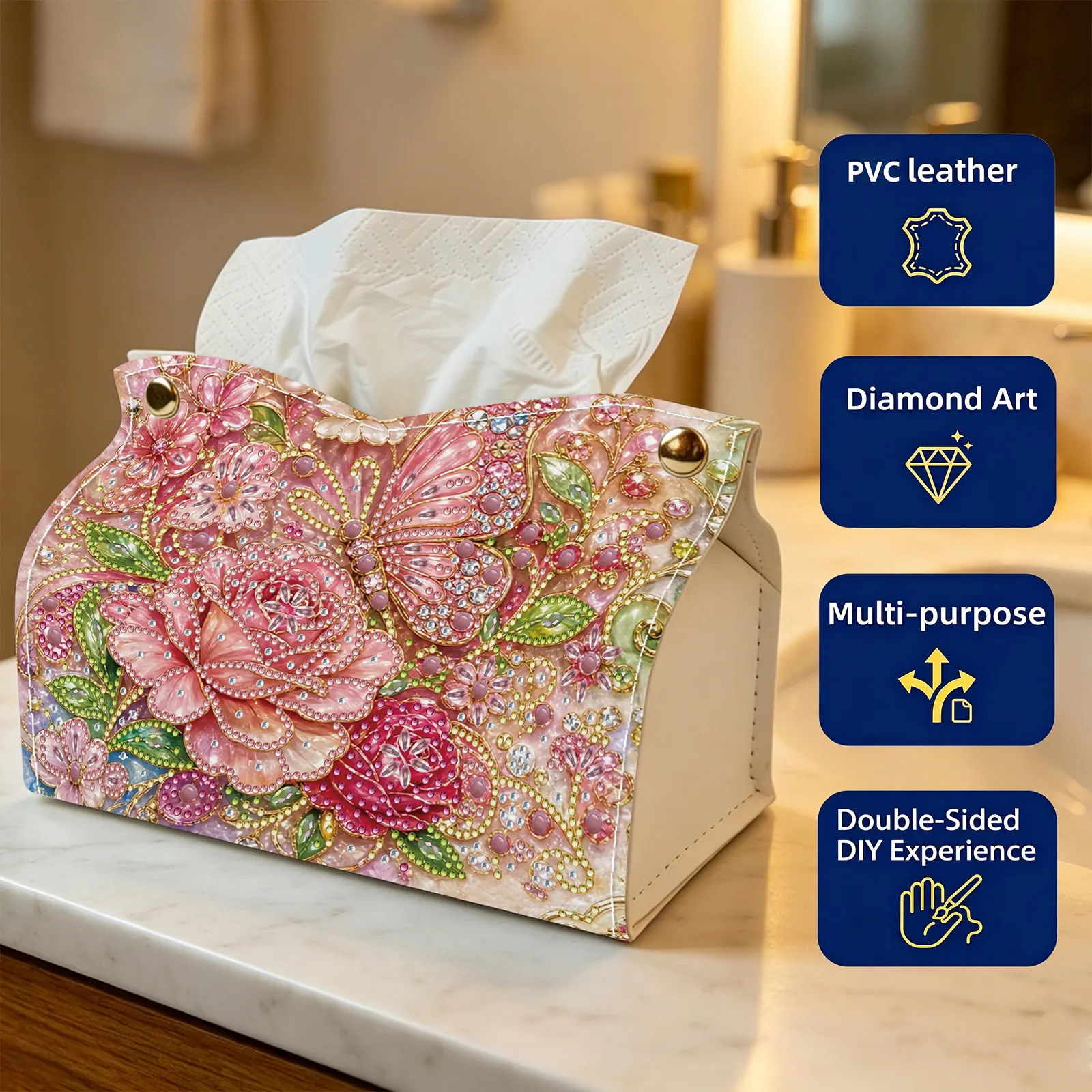 24cm DIY Diamond Painting Tissue Box, Crystal Rhinestone Mosaic PU Tissue Holder for Home Car Desk Decor