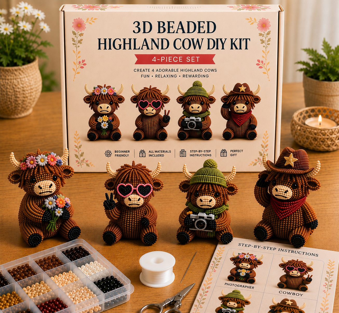 3D Highland Cow DIY Bead Kit, 8 Adorable Handmade Cow Designs Craft Set, Beginner-Friendly Beaded Miniature Ornament, Aesthetic Room Decor & Creative Gift