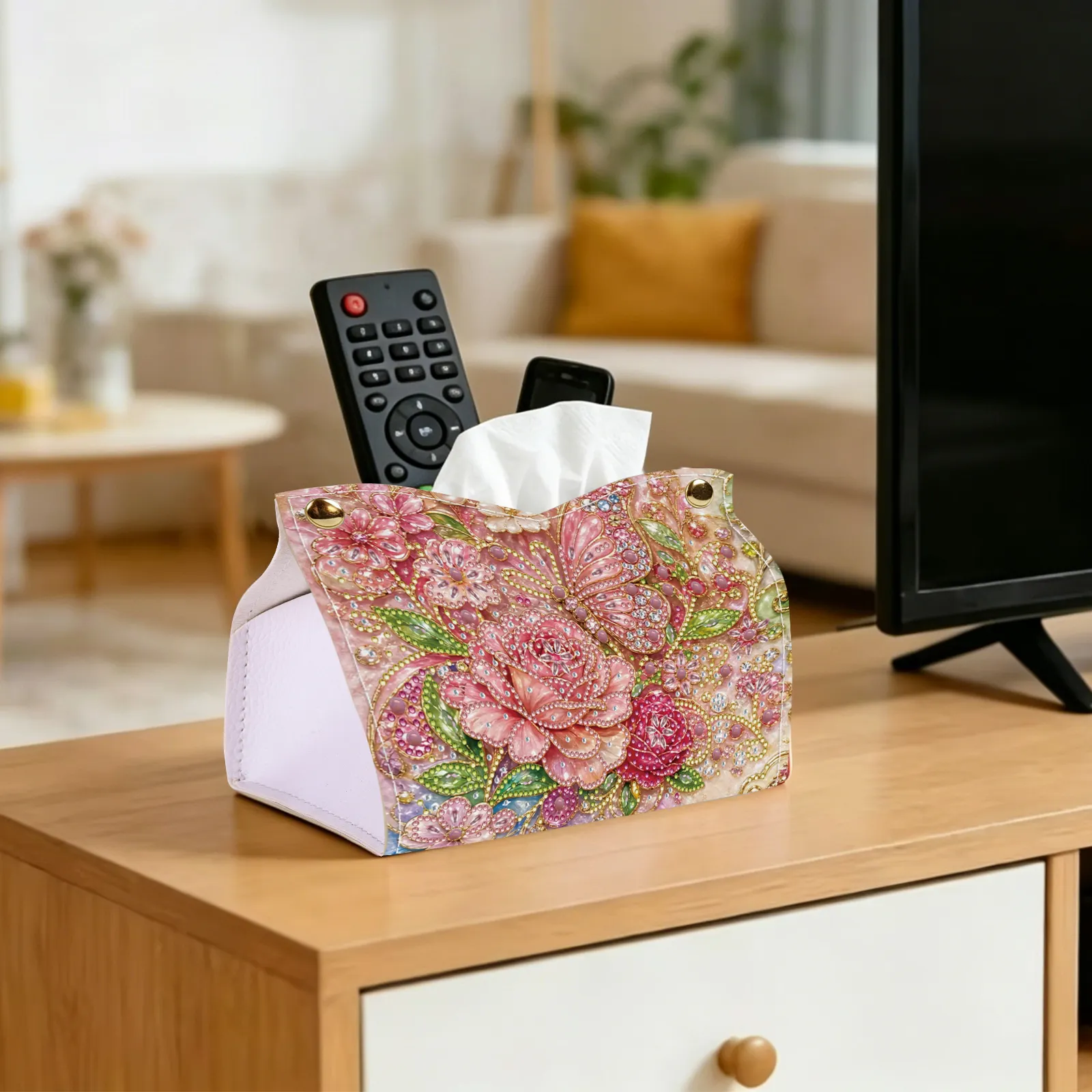 24cm DIY Diamond Painting Tissue Box, Crystal Rhinestone Mosaic PU Tissue Holder for Home Car Desk Decor