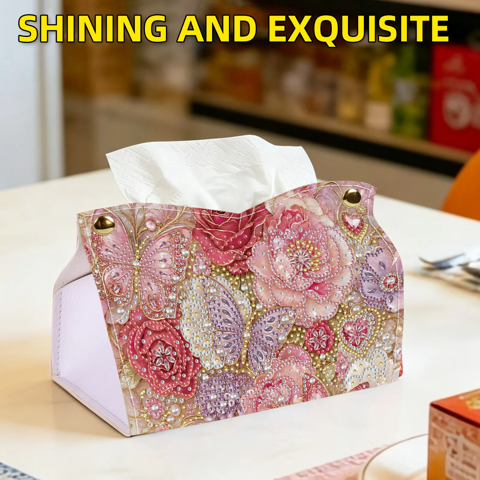 24cm DIY Diamond Painting Tissue Box, Crystal Rhinestone Mosaic PU Tissue Holder for Home Car Desk Decor