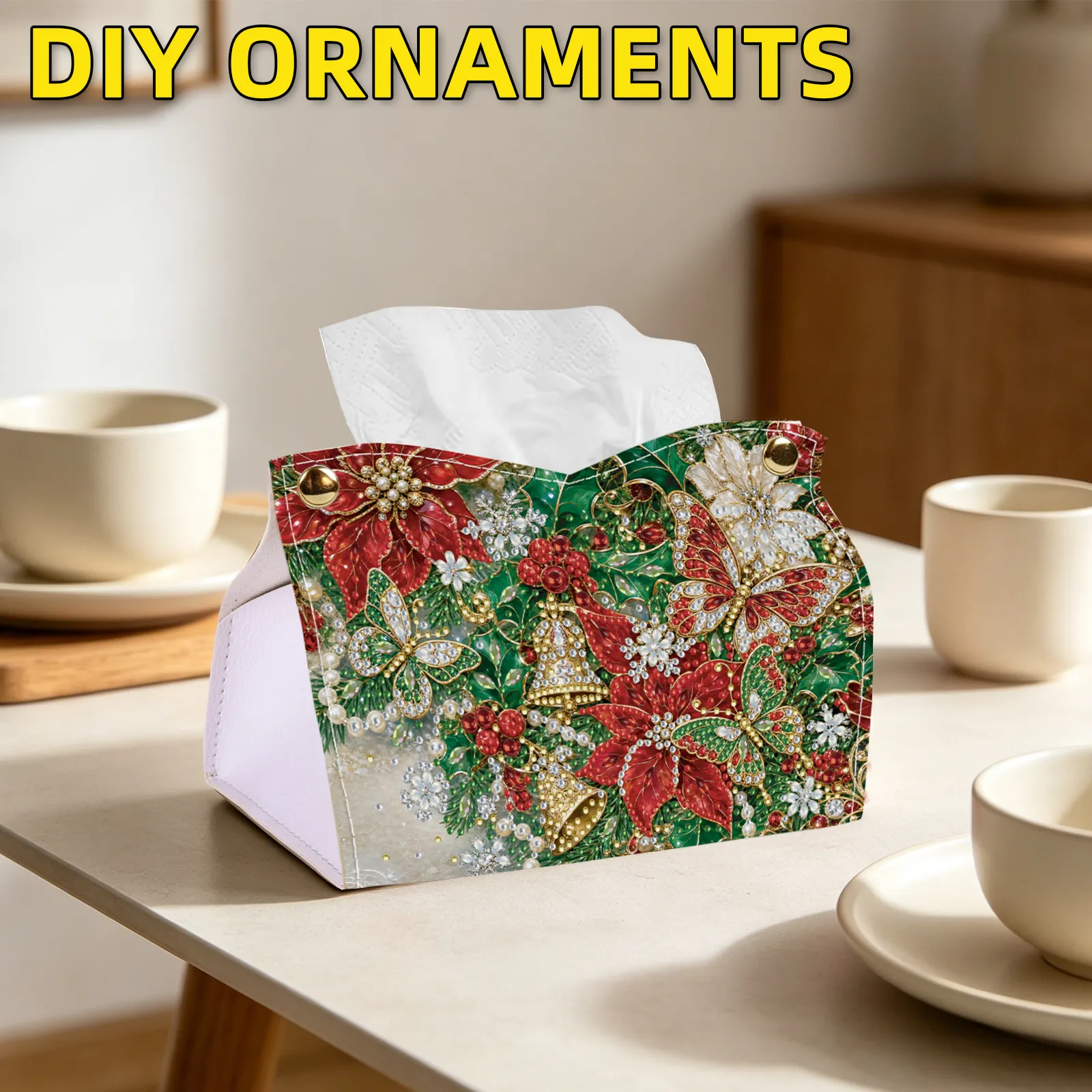 24cm DIY Diamond Painting Tissue Box, Crystal Rhinestone Mosaic PU Tissue Holder for Home Car Desk Decor
