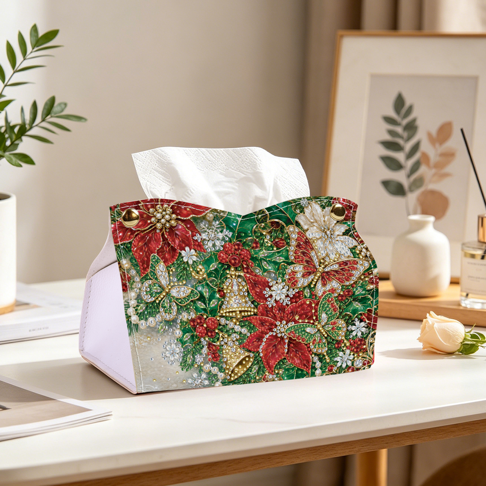 24cm DIY Diamond Painting Tissue Box, Crystal Rhinestone Mosaic PU Tissue Holder for Home Car Desk Decor