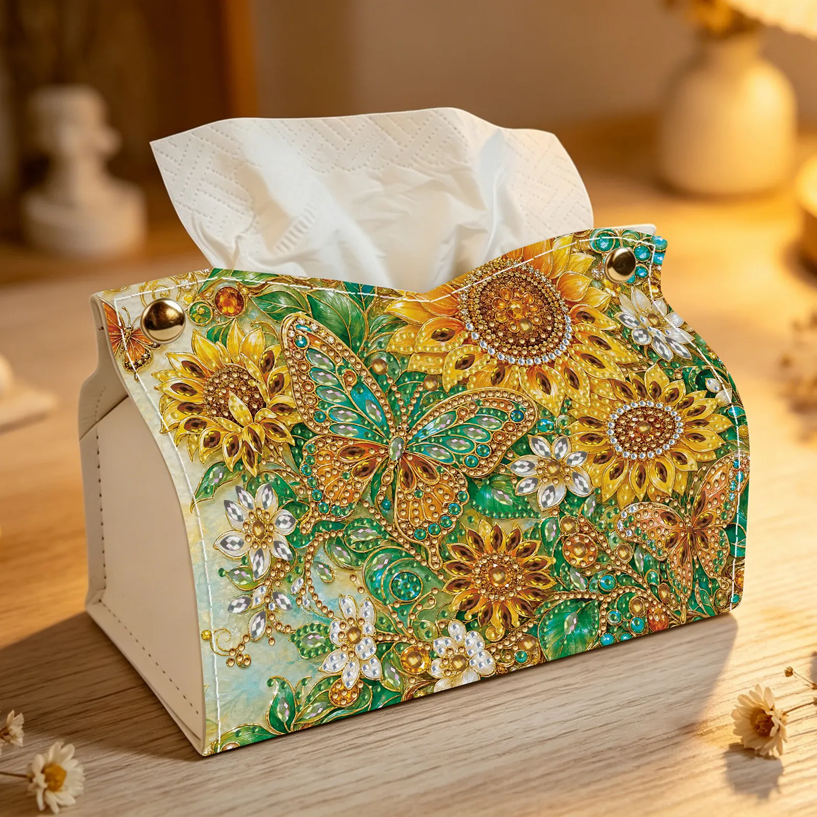24cm DIY Diamond Painting Tissue Box, Crystal Rhinestone Mosaic PU Tissue Holder for Home Car Desk Decor