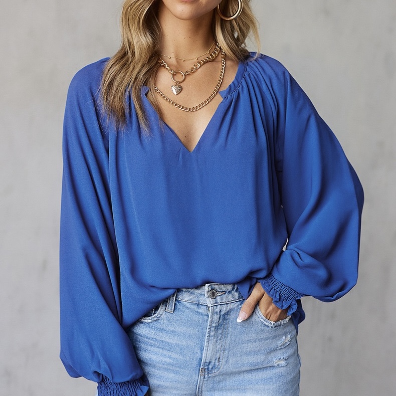 Smocked Long Sleeve V Neck Casual Chiffon Shirts