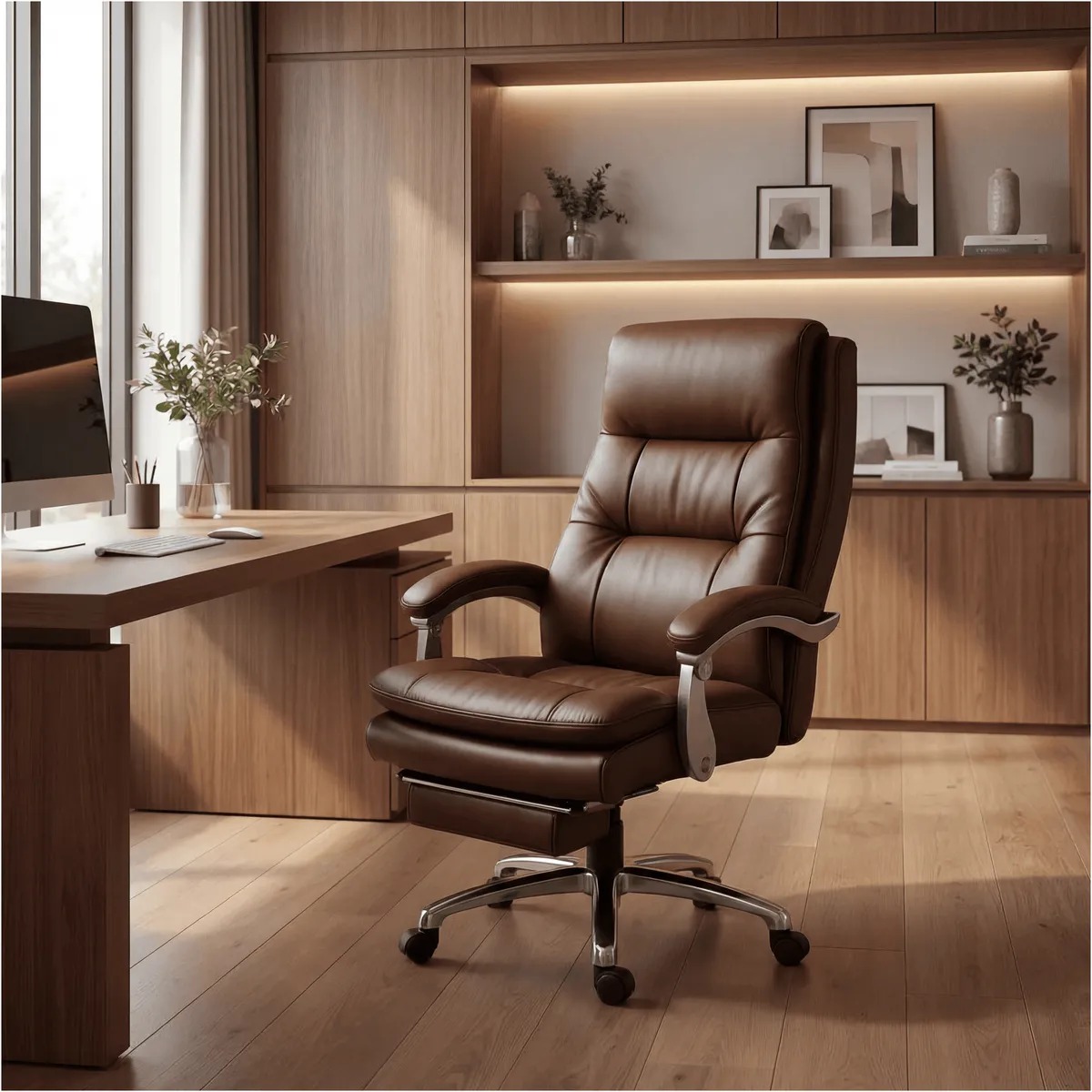 Silla Oficina Gerencial Asiento De Cuero Pata Acero Premium