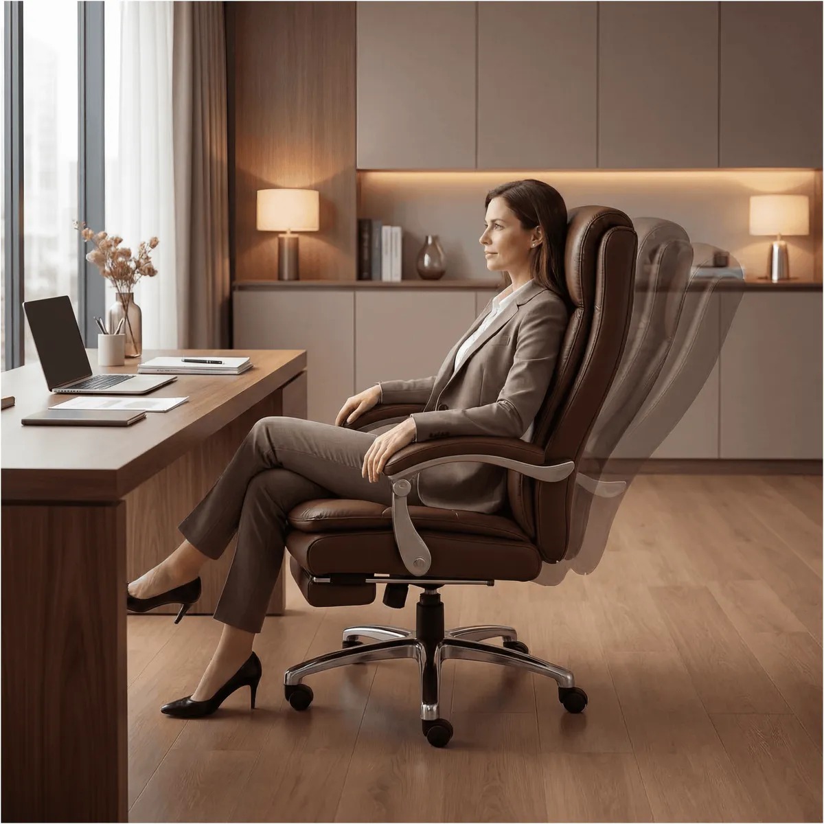 Silla Oficina Gerencial Asiento De Cuero Pata Acero Premium