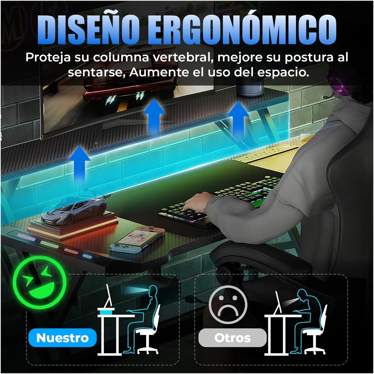 Set Silla Gamer Con Reposapiés y Escritorio Gamer Estantes RGB 120cm Con Luz