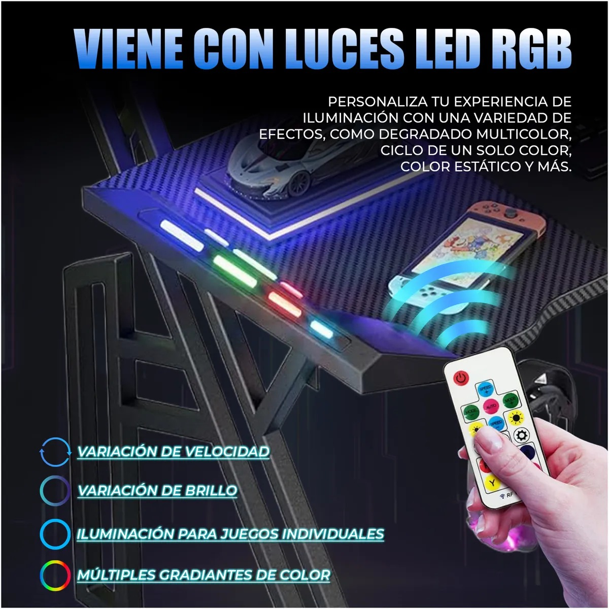 Set Silla Gamer Con Reposapiés y Escritorio Gamer Estantes RGB 120cm Con Luz