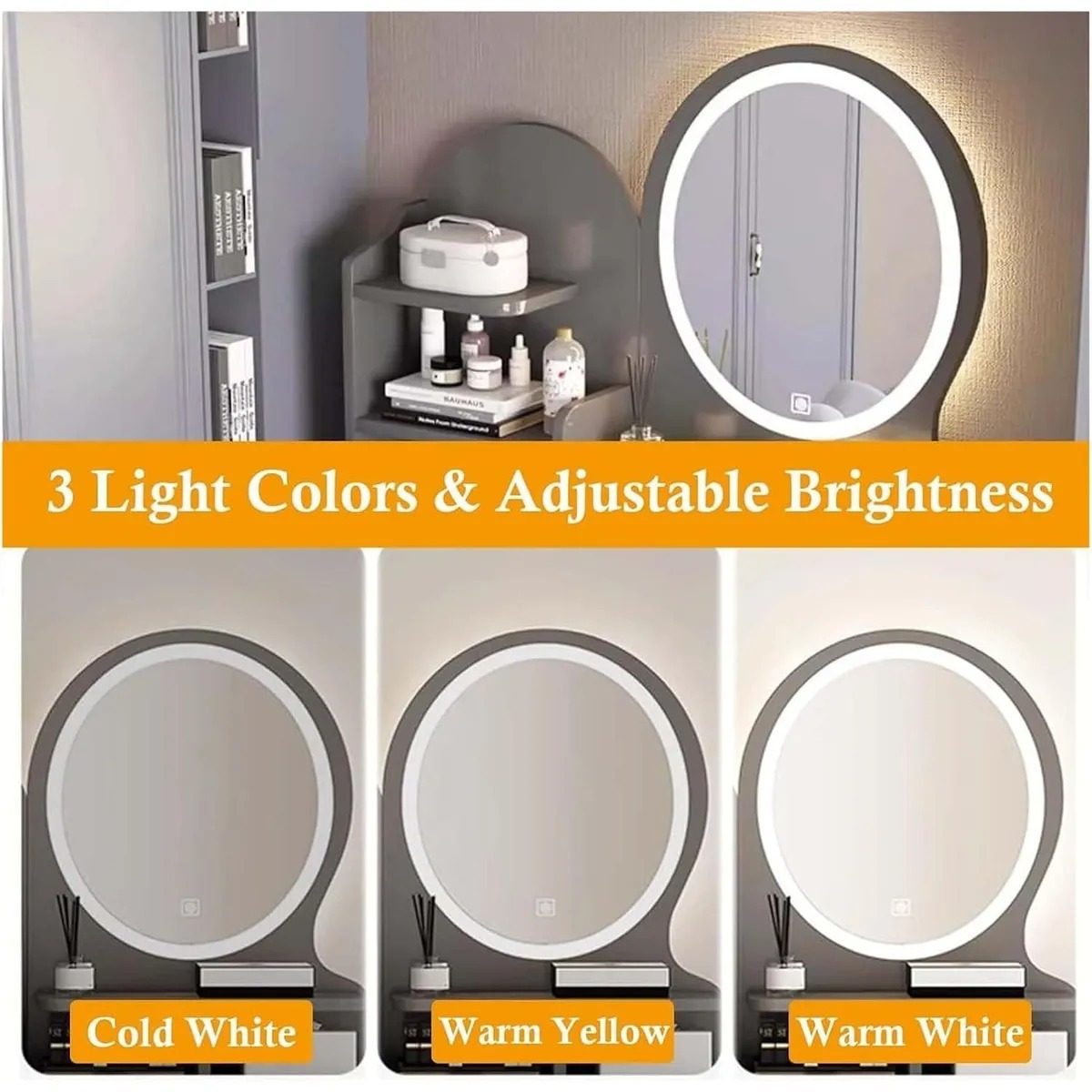 Tocador con cuatro cajones 80×40×137cm gris claro espejo redondo+luz LED