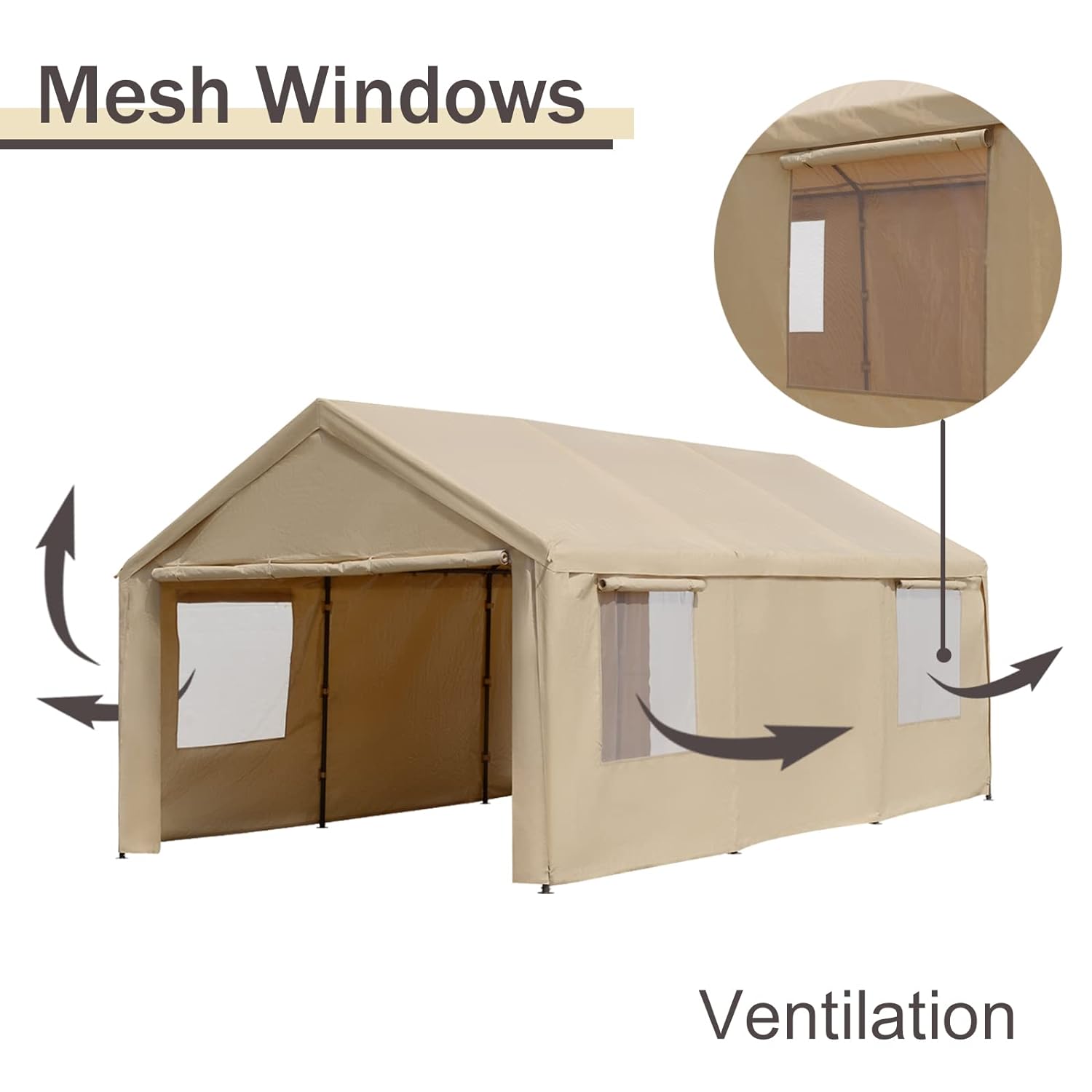 Gardesol Carport, 12'x20' extra grande y resistente con ventanas enrollables ventiladas, garaje portátil con paredes laterales y puertas extraíbles para coche, camión, SUV, toldo para coche con lona para todas las estaciones, color beige