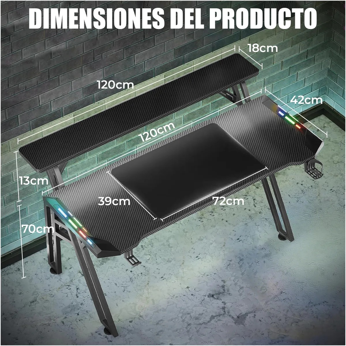 Set Silla Gamer Con Reposapiés y Escritorio Gamer Estantes RGB 120cm Con Luz