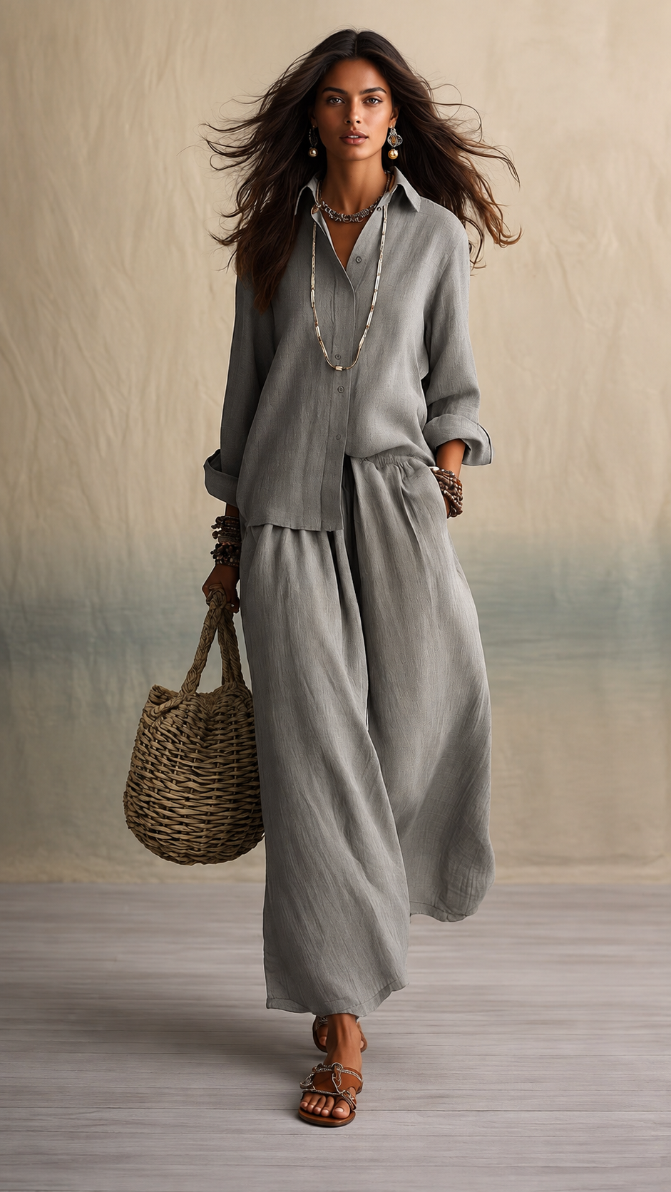 🌿 Linen Cotton Shirt & Wide Leg Pants Set