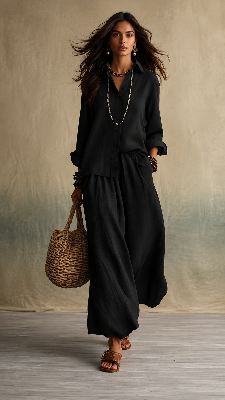 🌿 Linen Cotton Shirt & Wide Leg Pants Set